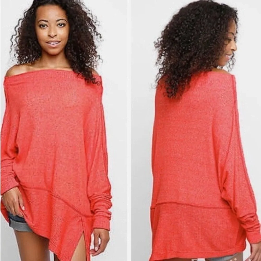 We The Free Free People Red Ribbed Knit Oversized Tunic Top Size XS Off Shoulder